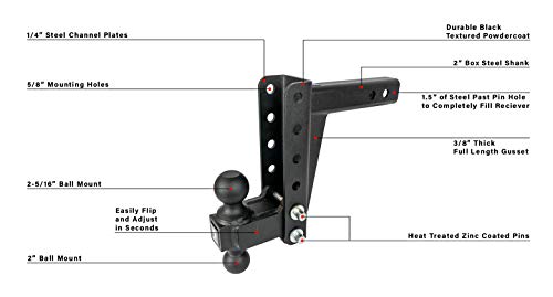 BulletProof Hitches 2.0" Adjustable Medium Duty (14,000lb Rating) 6" Drop/Rise Trailer Hitch with 2" and 2 5/16" Dual Ball (Black Textured Powder Coat)