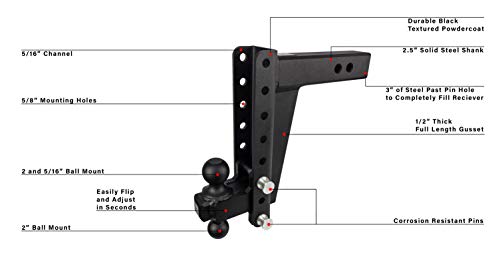 BulletProof Hitches 2.5" Adjustable Heavy Duty (22,000lb Rating) 10" Drop/Rise Trailer Hitch with 2" and 2 5/16" Dual Ball (Black Textured Powder Coat, Solid Steel)