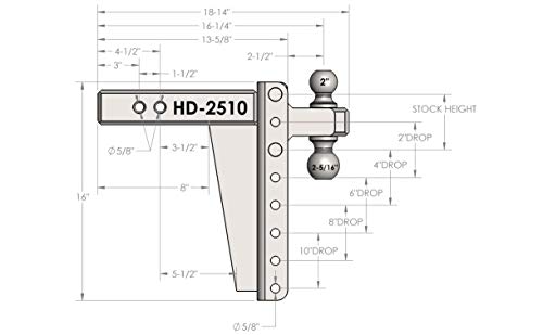 BulletProof Hitches 2.5" Adjustable Heavy Duty (22,000lb Rating) 10" Drop/Rise Trailer Hitch with 2" and 2 5/16" Dual Ball (Black Textured Powder Coat, Solid Steel)