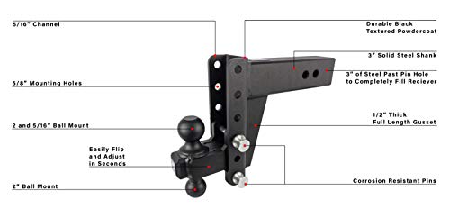 BulletProof Hitches 3.0" Adjustable Heavy Duty (22,000lb Rating) 6" Drop/Rise Trailer Hitch with 2" and 2 5/16" Dual Ball (Black Textured Powder Coat, Solid Steel)