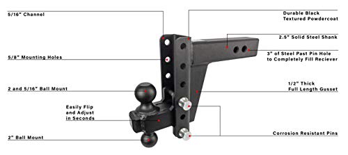 BulletProof Hitches 2.5" Adjustable Extreme Duty (36,000lb Rating) 6" Drop/Rise Trailer Hitch with 2" and 2 5/16" Dual Ball (Black Textured Powder Coat, Solid Steel)