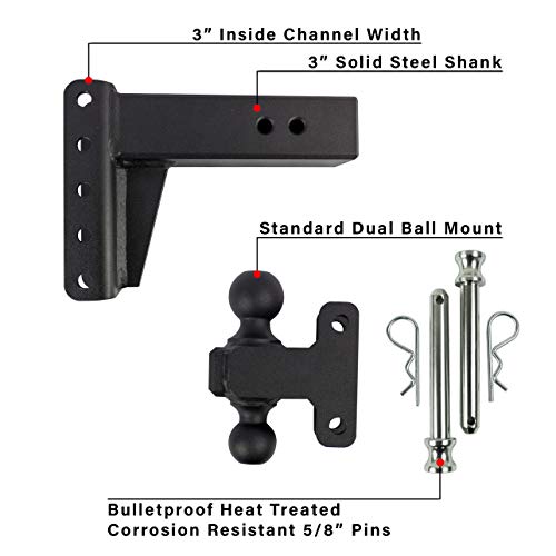 BulletProof Hitches 3.0" Adjustable Heavy Duty (22,000lb Rating) 4" Drop/Rise Trailer Hitch with 2" and 2 5/16" Dual Ball (Black Textured Powder Coat, Solid Steel)