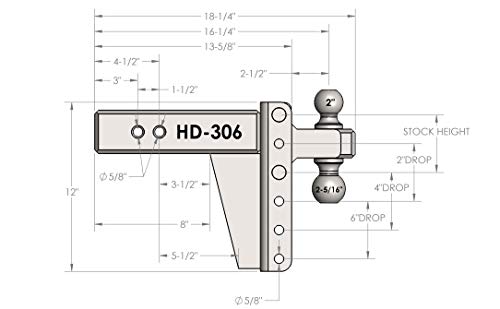 BulletProof Hitches 3.0" Adjustable Heavy Duty (22,000lb Rating) 6" Drop/Rise Trailer Hitch with 2" and 2 5/16" Dual Ball (Black Textured Powder Coat, Solid Steel)