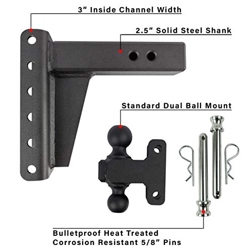 BulletProof Hitches 2.5" Adjustable Extreme Duty (36,000lb Rating) 6" Drop/Rise Trailer Hitch with 2" and 2 5/16" Dual Ball (Black Textured Powder Coat, Solid Steel)