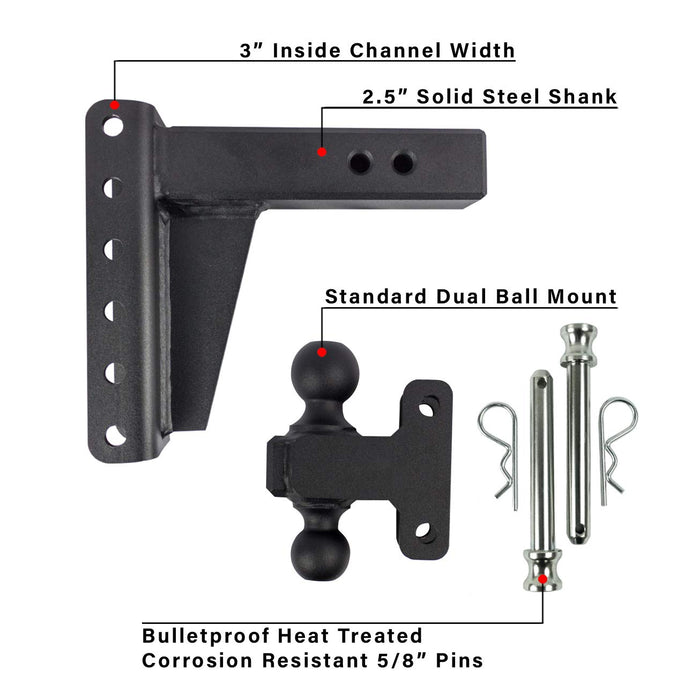 BulletProof Hitches 2.5" Adjustable Heavy Duty (22,000lb Rating) 4" Drop/Rise Trailer Hitch with 2" and 2 5/16" Dual Ball (Black Textured Powder Coat, Solid Steel)