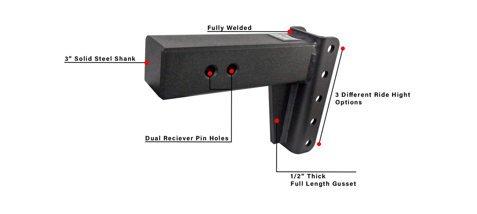 BulletProof Hitches 3.0" Adjustable Extreme Duty (36,000lb Rating) 12" Drop/Rise Trailer Hitch with 2" and 2 5/16" Dual Ball (Black Textured Powder Coat, Solid Steel)
