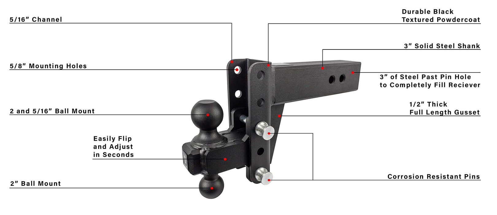 BulletProof Hitches 3.0" Adjustable Extreme Duty (36,000lb Rating) 12" Drop/Rise Trailer Hitch with 2" and 2 5/16" Dual Ball (Black Textured Powder Coat, Solid Steel)