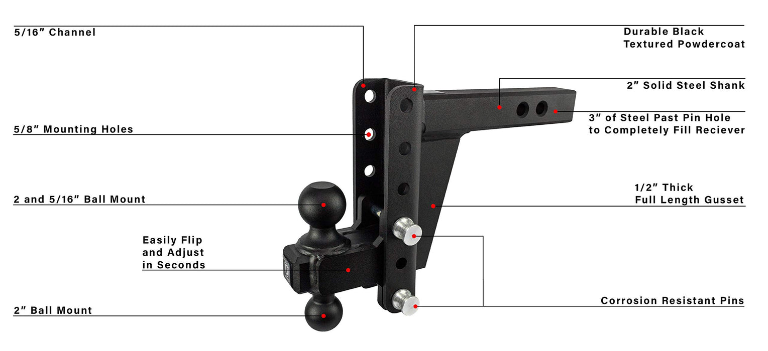BulletProof Hitches 2.0" Adjustable Heavy Duty (22,000lb Rating) 16" Drop/Rise Trailer Hitch with 2" and 2 5/16" Dual Ball (Black Textured Powder Coat, Solid Steel)