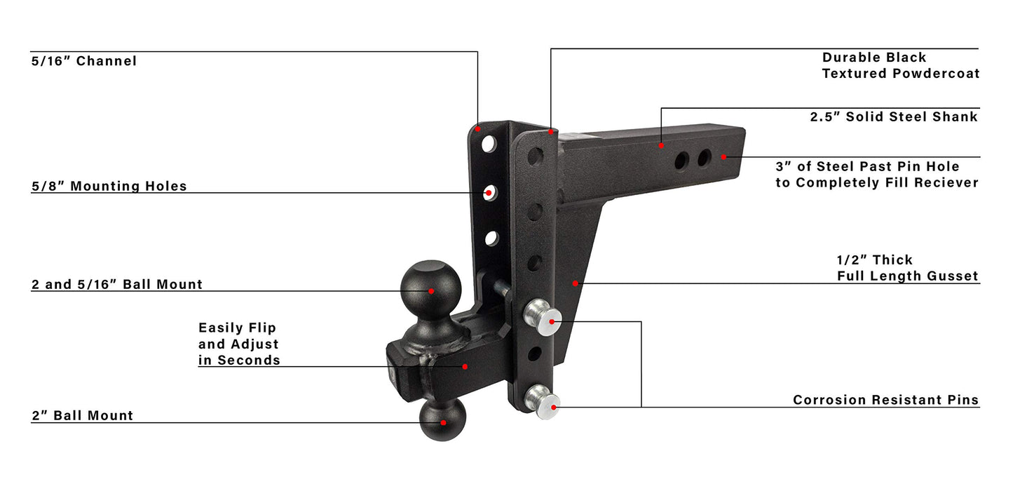 BulletProof Hitches 2.5" Adjustable Heavy Duty (22,000lb Rating) 8" Drop/Rise Trailer Hitch with 2" and 2 5/16" Dual Ball (Black Textured Powder Coat, Solid Steel)