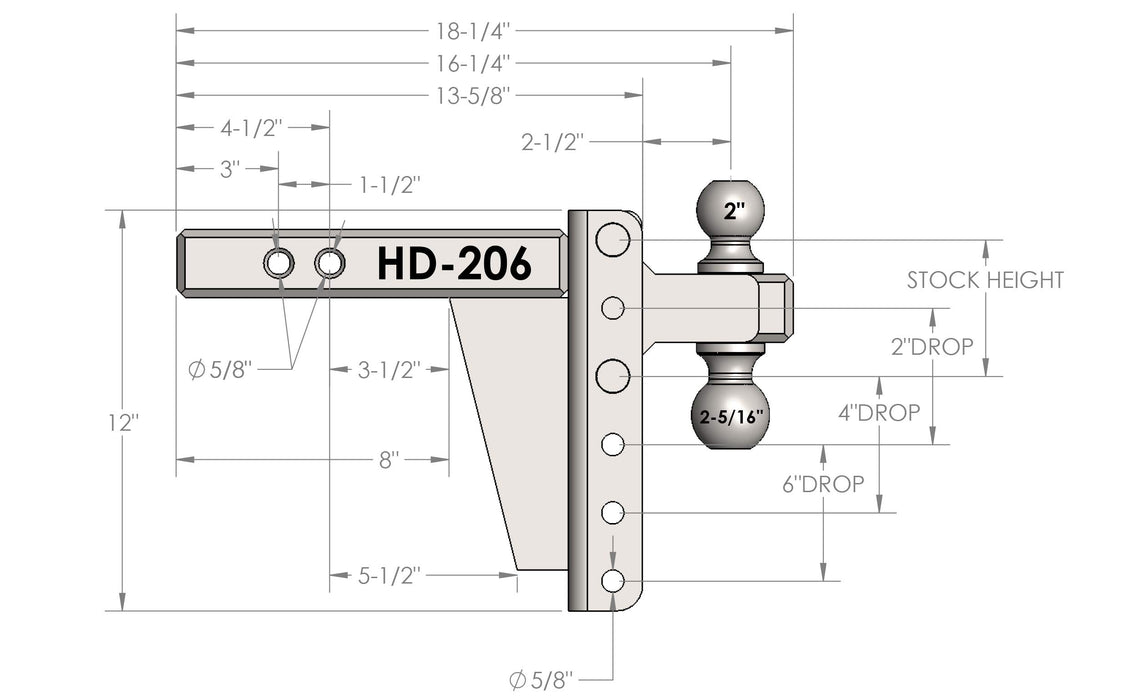 BulletProof Hitches 2.0" Adjustable Heavy Duty (22,000lb Rating) 6" Drop/Rise Trailer Hitch with 2" and 2 5/16" Dual Ball (Black Textured Powder Coat, Solid Steel)
