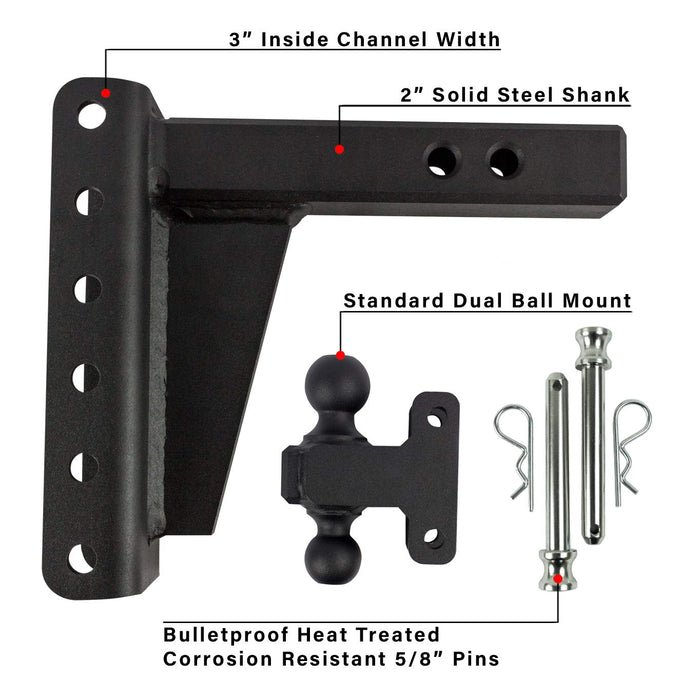 BulletProof Hitches 2.0" Adjustable Heavy Duty (22,000lb Rating) 6" Drop/Rise Trailer Hitch with 2" and 2 5/16" Dual Ball (Black Textured Powder Coat, Solid Steel)