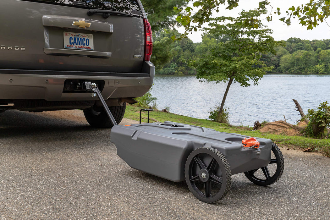 Camco Rhino RV Heavy Duty 28 Gallon Portable Waste Holding Tank with Steerable Wheels | Complete Kit with Hoses and Accessories (39005), Gray